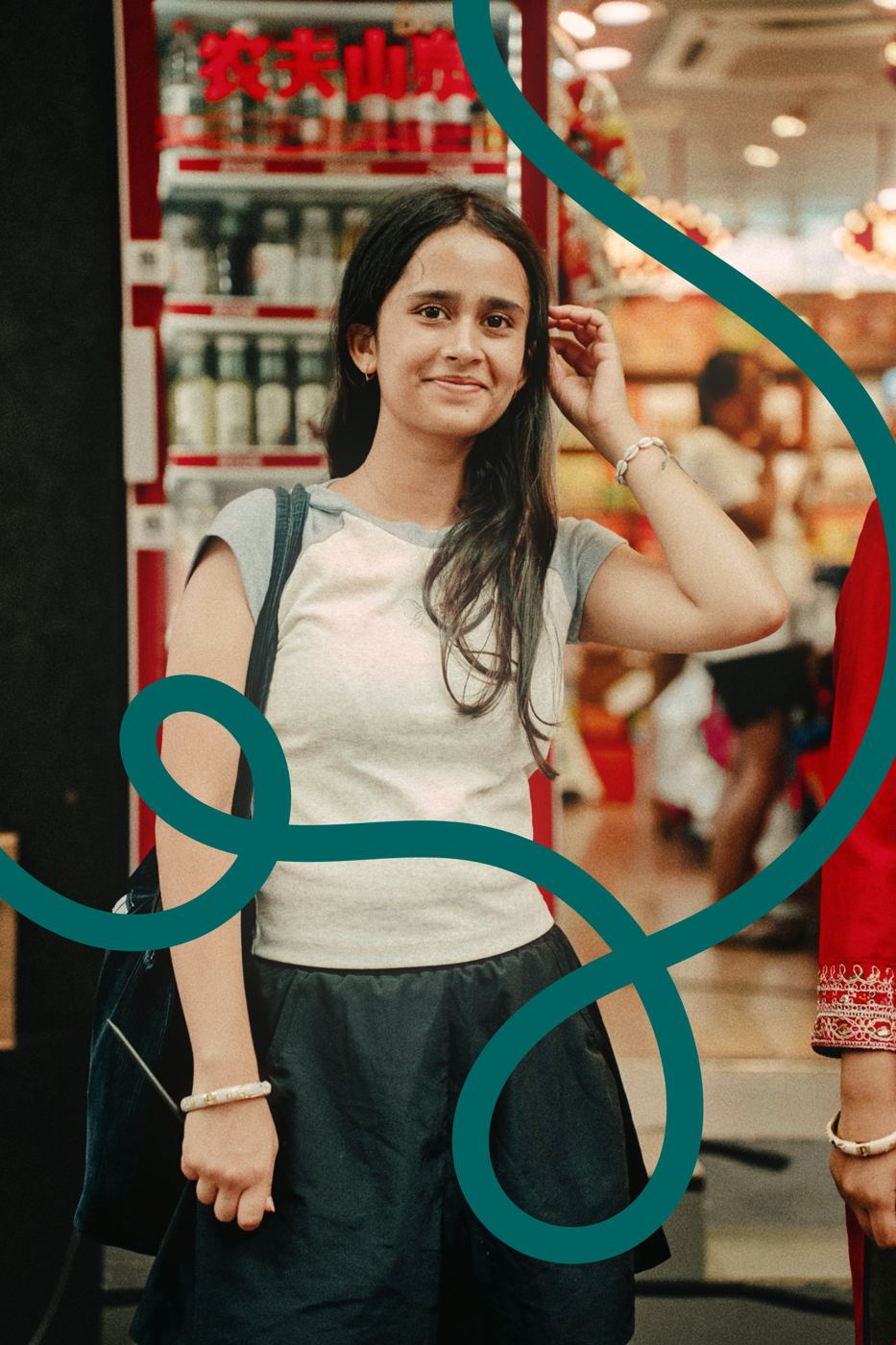A young woman in a corner shop, with Kinmat's hand-drawn swirls